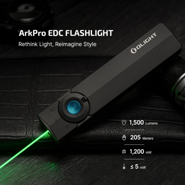 OLight ArkPro EDC Flashlight 1500 Lumens UV Green Laser Flat Unibody Light